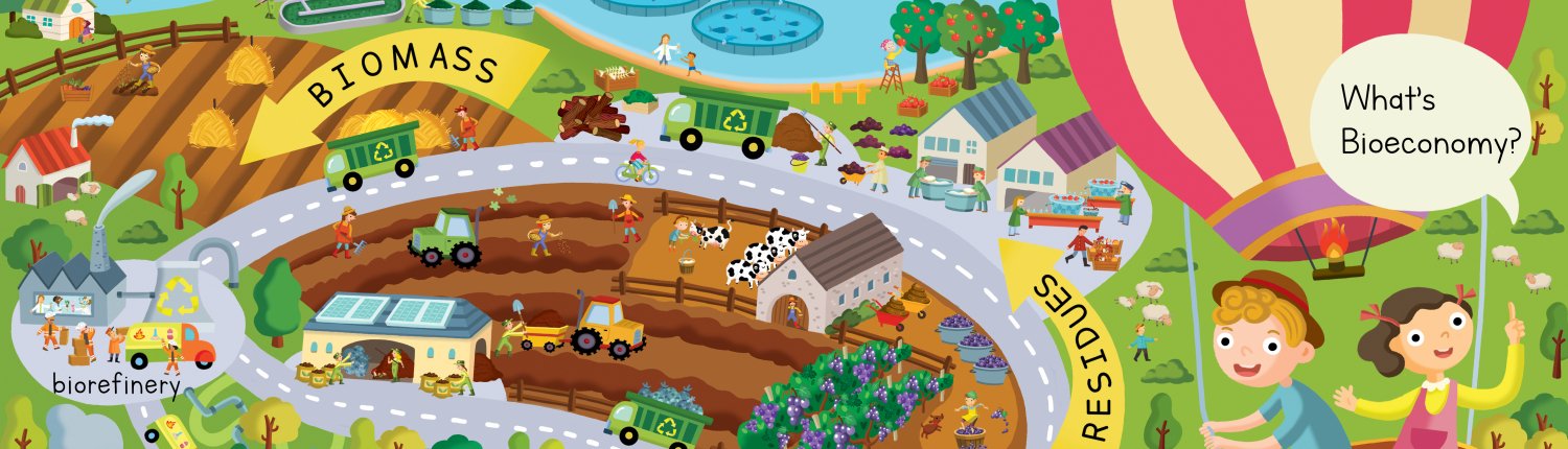 Il libro What's Bioeconomy contiene numerose scene illustrate di differenti ambienti familiari nei quali i bambini possono individuare situazioni concrete nelle quali vengono in contatto con i risultati pratici della bioeconomia. FOTO: What's Bioeconomy - Biovoices e Transition2Bio.