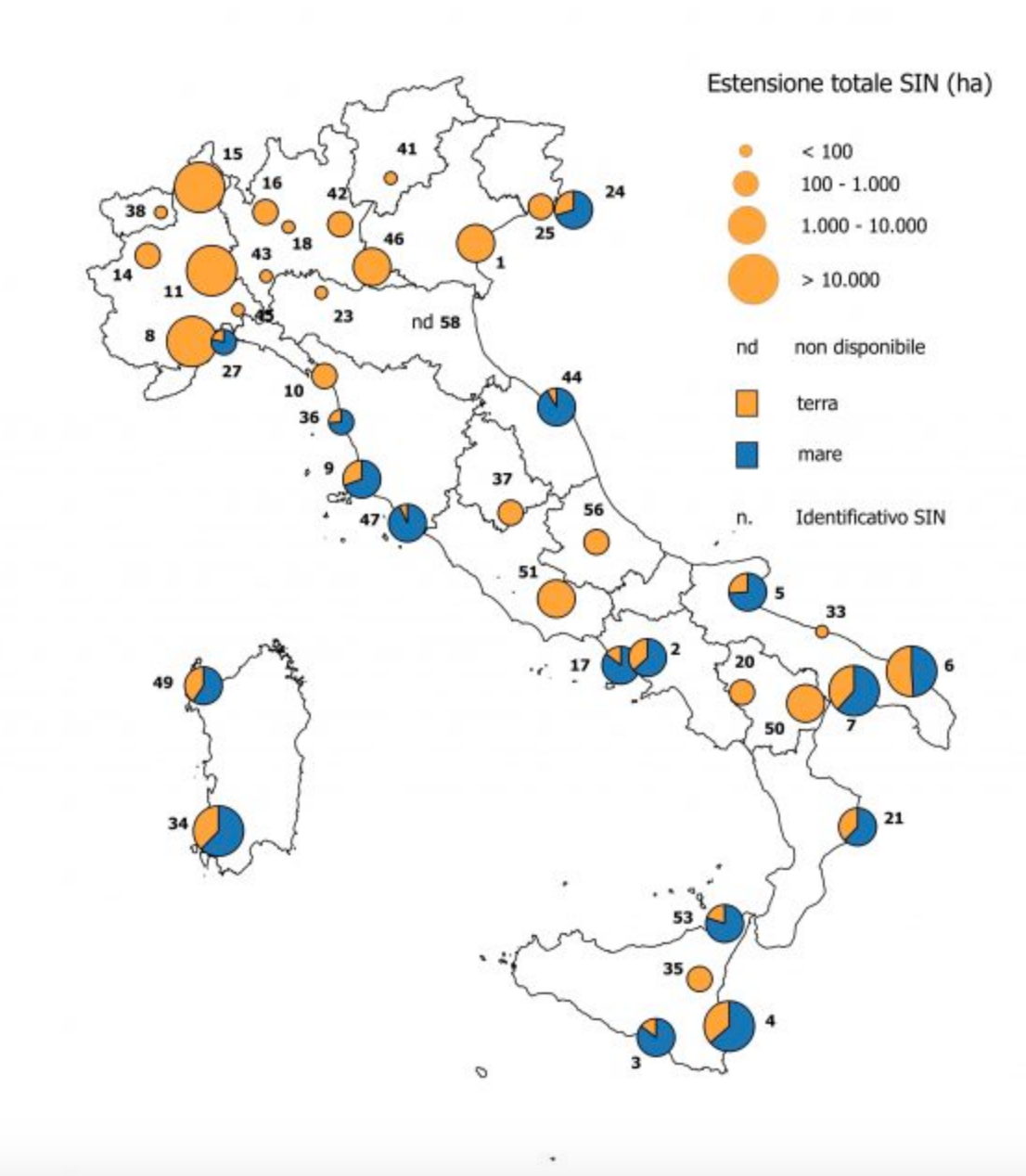La mappa dei siti di interesse nazionali e regionali in attesa di bonifica. FONTE: ISPRA.