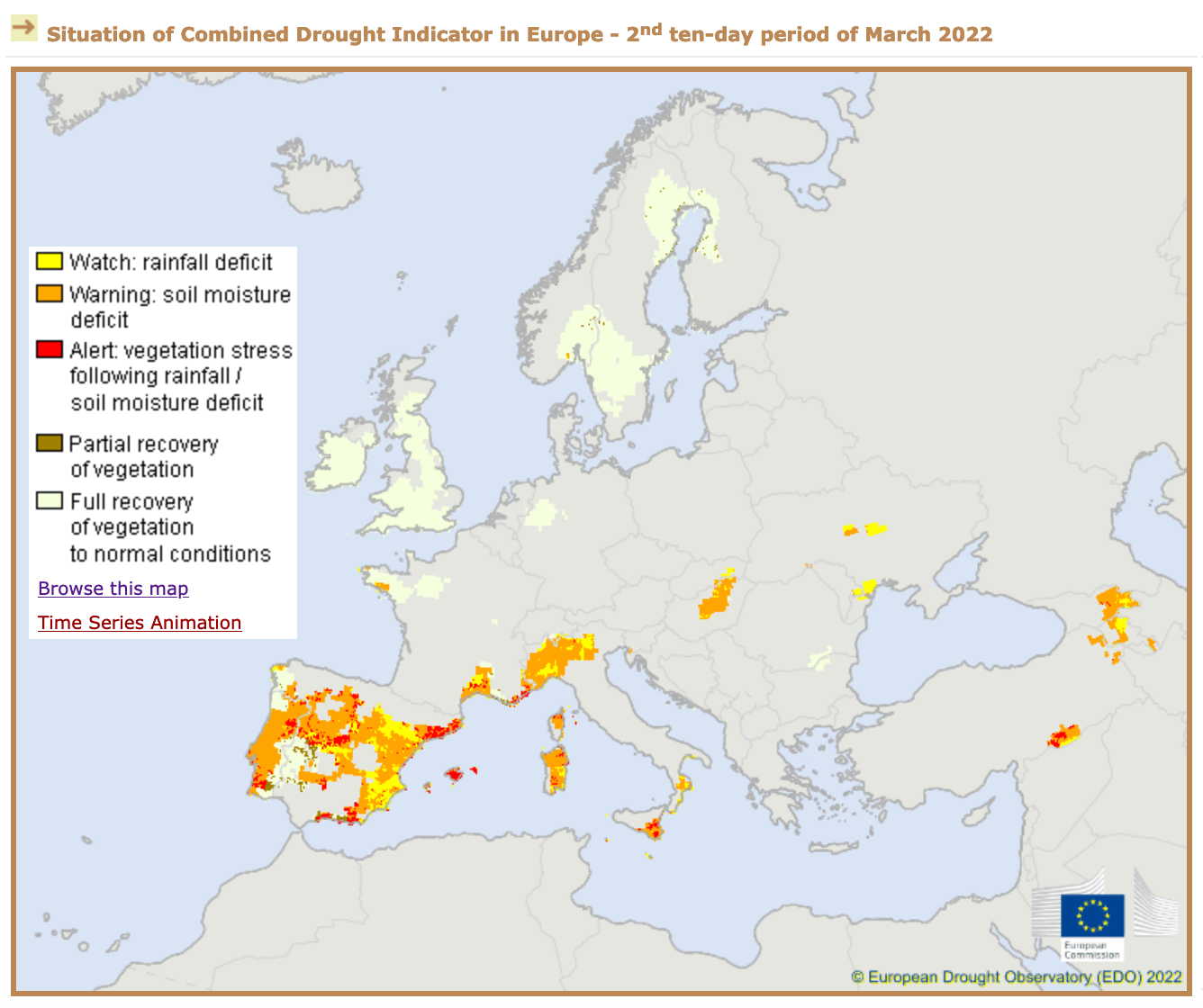 La situazione della desertificazione in Europa - 2a decade marzo 2022. Indicatore combinato di siccità. FONTE: JRC European Drought Observatory (EDO) Marzo 2022.