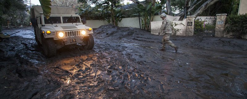 Mud on the roads in Montecito, California, January 2018. Prolonged drought makes soil less permeable promoting landslides during wet periods. Photo: California National Guard Attribution 2.0 Generic (CC BY 2.0)
