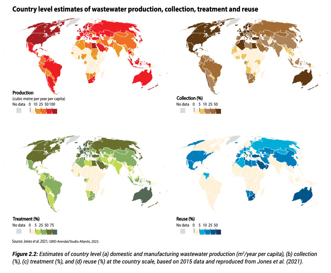 Stime dei livelli di produzione, raccolta, trattamento e riuso delle acque reflue FONTE: Jones et al. 2021; GRID-Arendal/STudio Atlantis, 2023.