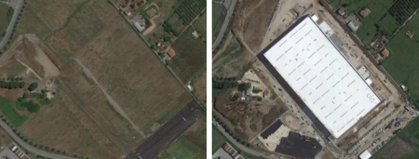 Consumo di suolo di 5,67 ettari ad Ardea (Roma) per la realizzazione di un nuovo polo logistico. In alto l’immagine relativa all’anno 2021, in basso al 2022. FONTE: SNPA-ISPRA, 2023