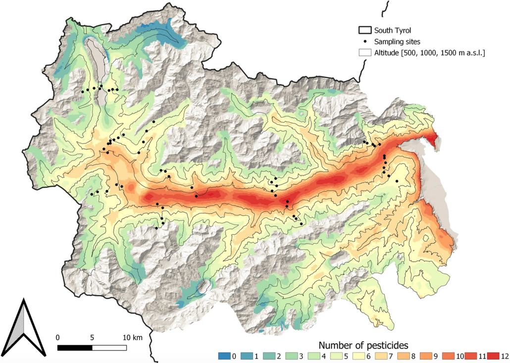 Previsioni sul numero di residui di pesticidi nel suolo e nella vegetazione della Val Venosta. FONTE: Widespread contamination of soils and vegetation with current use pesticide residues along altitudinal gradients in a European Alpine valley, 2024.