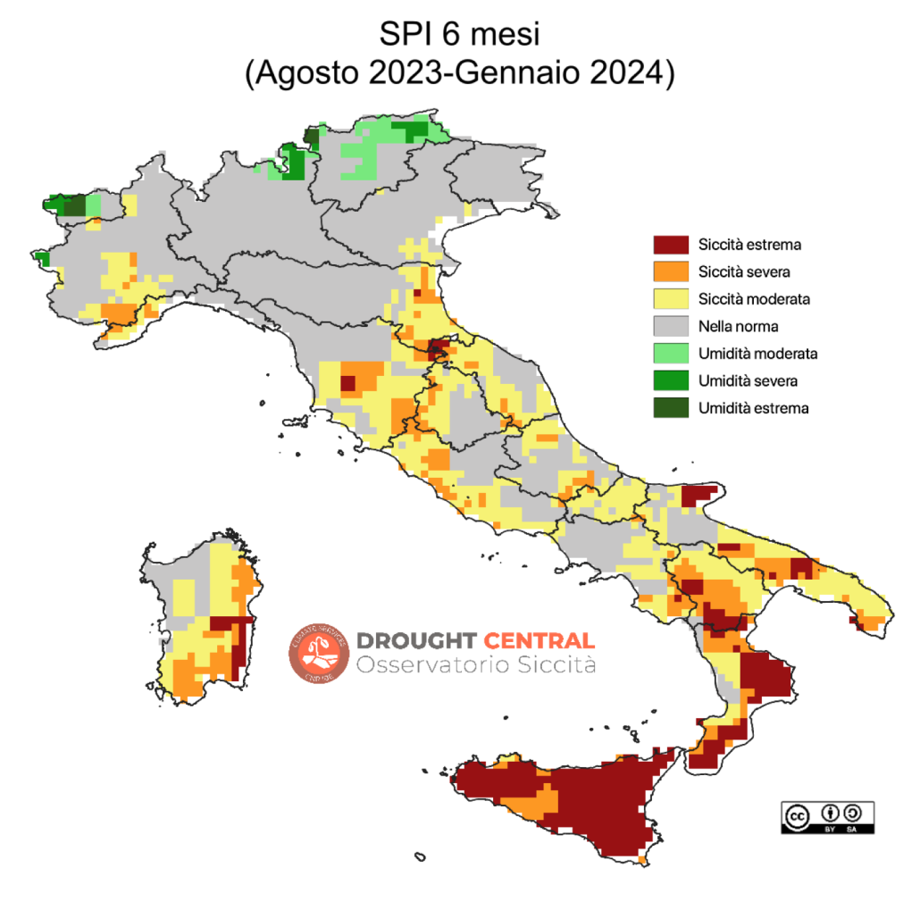 Indice SPI 24 mesi. Lo SPI è un indicatore statistico basato sul confronto tra la precipitazione registrata in un determinato luogo e in un determinato periodo di mesi con la distribuzione a lungo termine della precipitazione per quel determinato luogo aggregata per lo stesso periodo di tempo. FONTE: Osservatorio Siccità CNR, febbraio 2024.