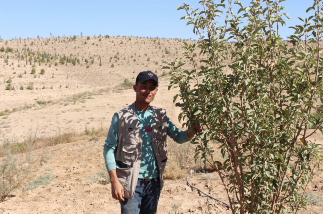 Hassan, giovane rifugiato siriano di 20 anni impegnato nel progetto di riforestazione della Jothur Reserve, in Giordania. FOTO: Acted, 2023.