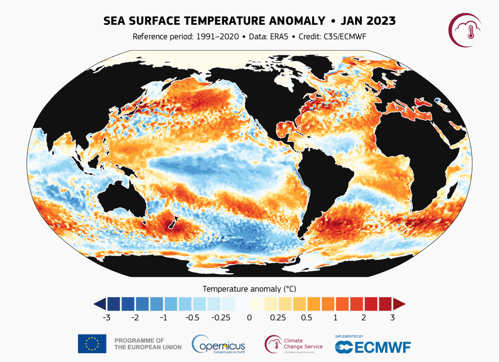 Anomalie mensili della temperatura della superficie marina nel 2023 rispetto alla media del periodo di riferimento 1991-2020 per i mesi corrispondenti. DATI: ERA5. FONTE: Unione Europea, Servizio Copernicus sui cambiamenti climatici