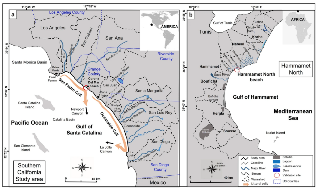 Le due aree costiere messe a confronto dai ricercatori della USC. A sinistra, il sito di Corona del Mar nel Golfo di Santa Catalina in California. A destra, il golfo di Hammamet in Tunisia. FONTE: Amrouni, O., Heggy, E. & Hzami, A. Shoreline retreat and beach nourishment are projected to increase in Southern California. Commun Earth Environ 5, 274 (2024). https://doi.org/10.1038/s43247-024-01388-6
