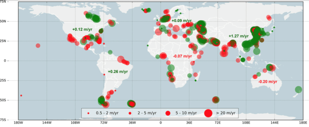 Hotspot globali di erosione (in rosso) e accrescimento (in verde) delle spiagge mondiali. FONTE: Luijendijk, Arjen & Hagenaars, Gerben & Ranasinghe, Roshanka & Baart, Fedor & Donchyts, Gennadiy & Aarninkhof, Stefan. (2018). The State of the World’s Beaches. Scientific Reports. 