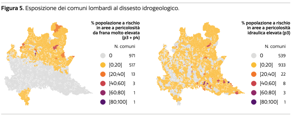 Esposizione dei Comuni della Lombardia al dissesto idrogeologico. FONTE: Dossier "Dissesto idrogeologico in Lombardia" - Polis Lombardia, aprile 2023.
