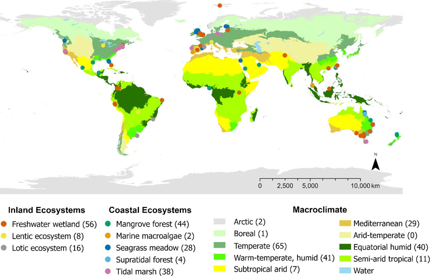 Lo studio ha interessato 180 aree in 28 Paesi del mondo in rappresentanza di diversi ecosistemi. Immagine: Lo studio ha interessato 180 aree in 28 Paesi del mondo in rappresentanza di diversi ecosistemi. Immagine: Environ. Sci. Technol. 2024, 58, 49, 21589–21603,  Attribution-NonCommercial-NoDerivatives 4.0 International CC BY-NC-ND 4.0 Deed 
