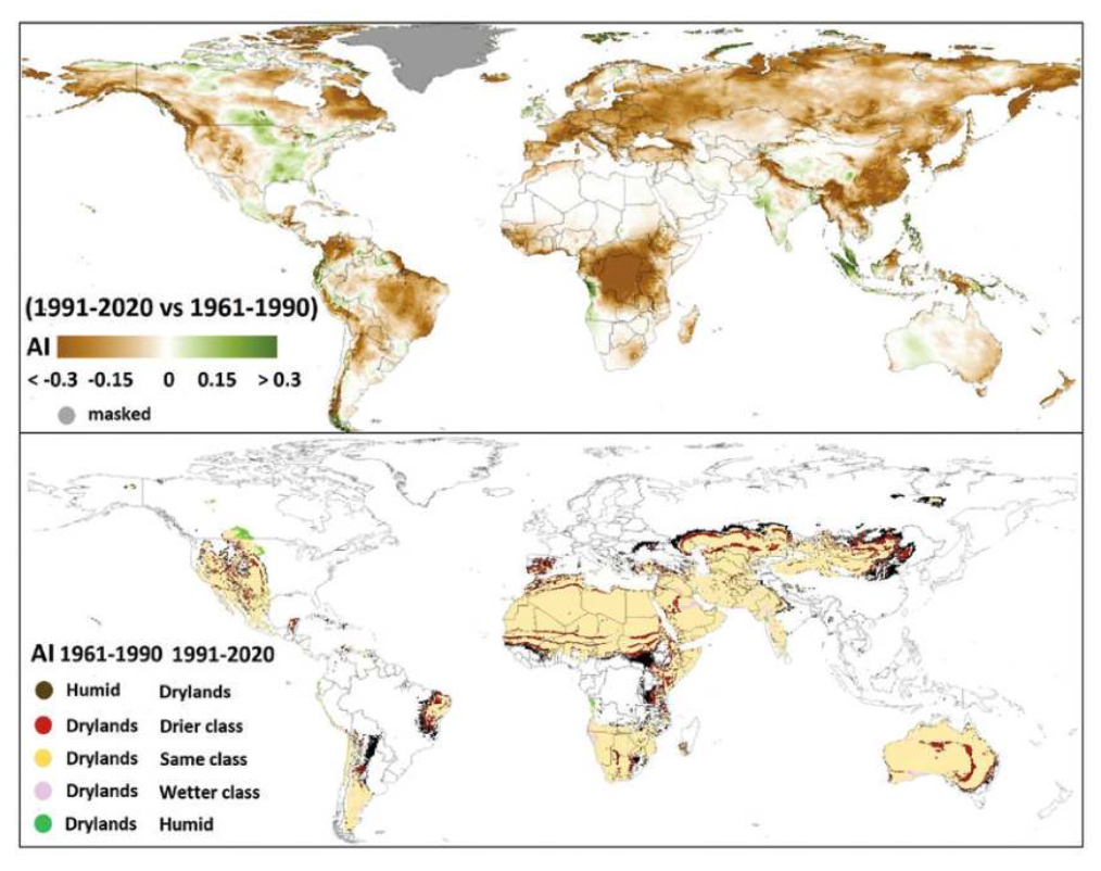 L'evoluzione dell'aridità. Nel riquadro superiore è mostrata la differenza tra i valori dell'Indice di aridità (AI) nel periodo 1961-1990 e il periodo 1991-2020. Il verde indica condizioni più umide, il marrone condizioni più secche (la Groenlandia è mascherata nel pannello superiore poiché l'AI mostra grandi variazioni dovute alla neve, senza spostamenti dalla classe AI fredda). Il riquadro inferiore indica gli spostamenti tra le classi AI nei periodi sopra menzionati. Le aree nere sono gli hotspot esposti all'aridificazione. FONTE: Unccd Aridity report, 2024.