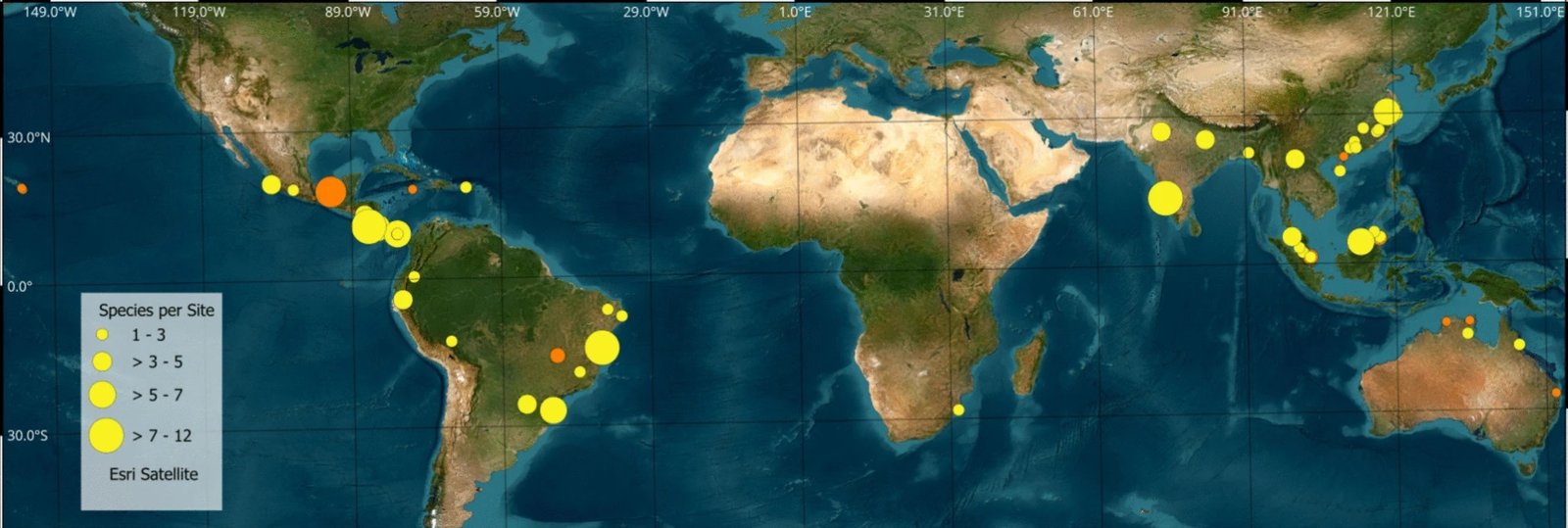 La distribuzione geografica dei 54 siti inclusi nelle meta-analisi abbraccia tutte le regioni tropicali e subtropicali. Ogni cerchio giallo sulla mappa rappresenta un sito. La dimensione del cerchio indica il numero di specie di alberi o arbusti per sito nelle pubblicazioni (numero totale di specie = 160). Fonte: Cárate Tandalla, D., Homeier, J. & Batáry, P. Responses of Tropical Tree Seedlings to Nutrient Addition: A Meta-analysis to understand future changes in Tropical Forest Dynamics. Curr. For. Rep. 11, 3 (2025). https://doi.org/10.1007/s40725-024-00240-6 Attribution 4.0 International CC BY 4.0 Deed https://link.springer.com/article/10.1007/s40725-024-00240-6/figures/1