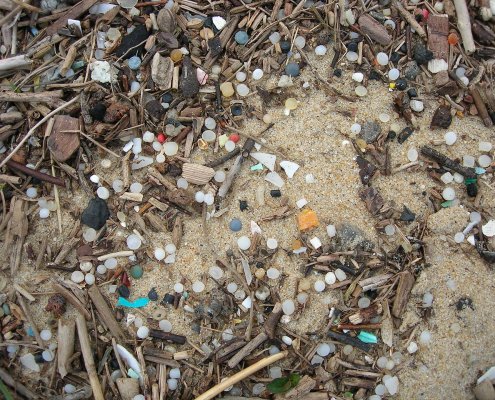 Granuli di plastica industriale su una spiaggia della costa dell'Aquitania. In Francia il 76% dei suoli esaminati è contaminato dalle microplastiche. Foto: Maldeseine Attribution-ShareAlike 3.0 Unported CC BY-SA 3.0 Deed