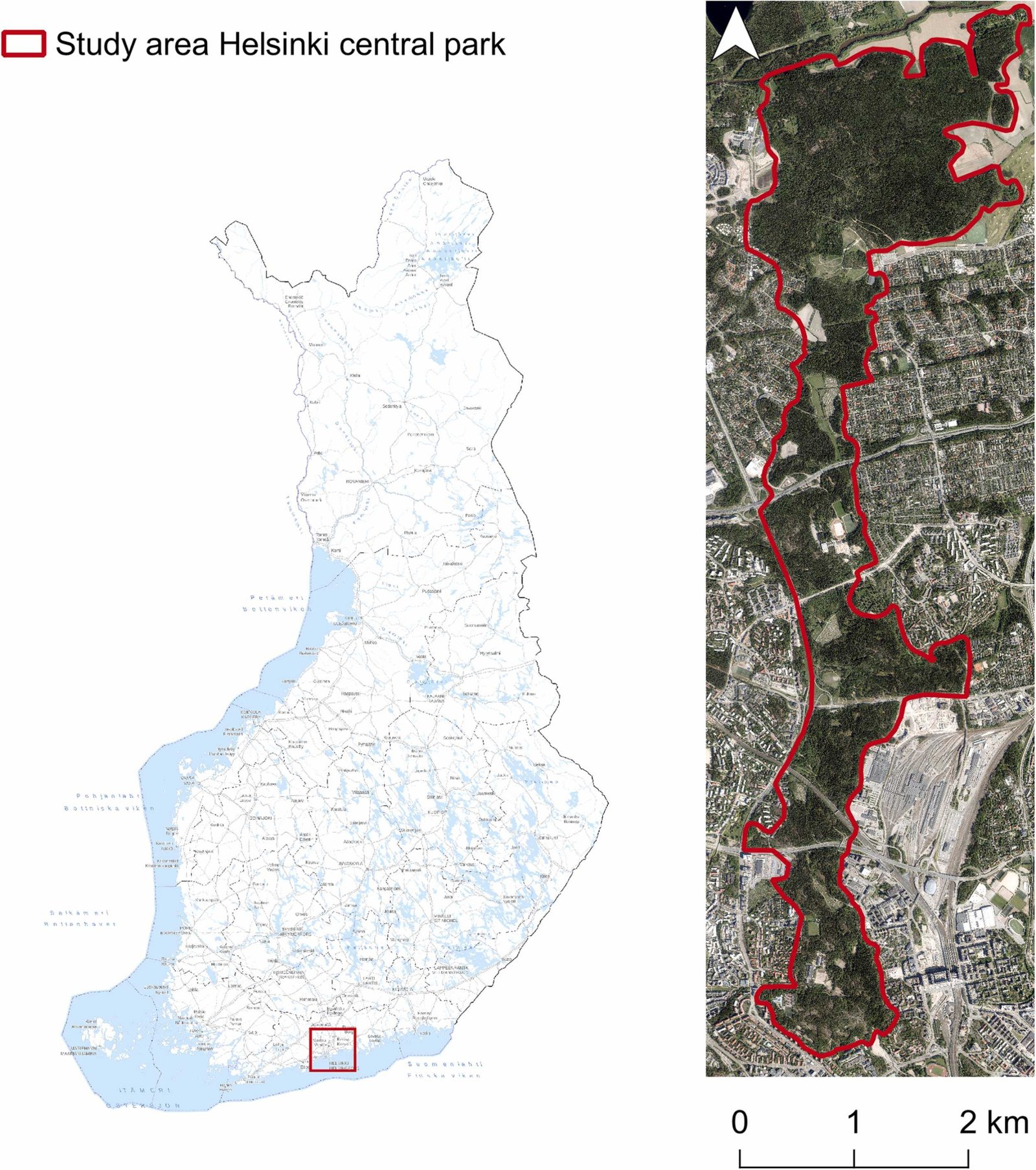 The study area is an approximate 10 km-long forested green space that runs the length of Helsinki from south to north, starting near the city centre in Laakso and ending at the northern border of the city in Haltiala and the river Vantaanjoki. Fonte: Helsinki Map Service, 2022, National Land Survey of Finland, 2022 Attribution 4.0 International CC BY 4.0 Deed 
