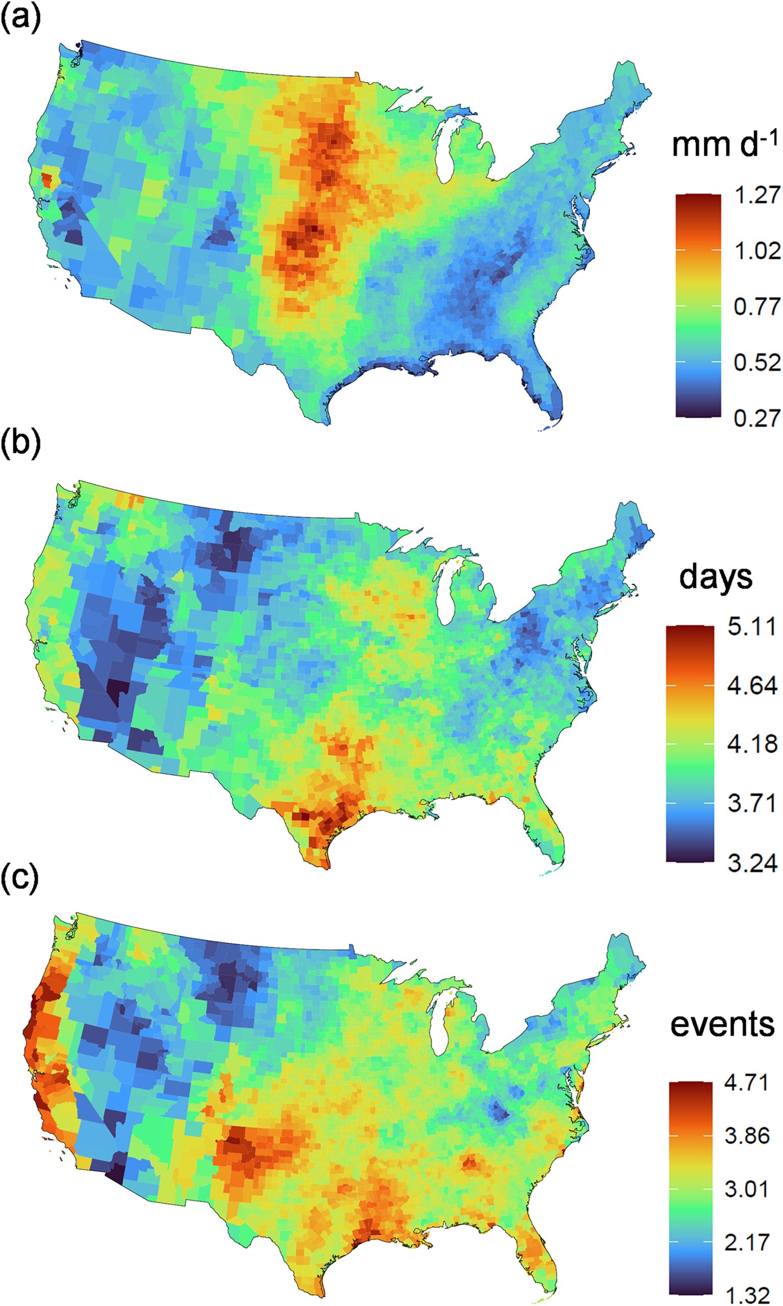 (a) Long-term mean county-level thirstwave intensity, (b) duration, and (c) frequency over the period 1981–2021. Thirstwaves have relatively lasted longer (i.e., duration) on average (>4.5 days) in parts of Southern US Upper Midwest, west coast, and the Pacific Northwest. The west coast, and the Southern US have had relatively greater number of thirstwaves than the national average. Source: Kukal, M. S., & Hobbins, M. (2025).Thirstwaves: Prolonged periods ofagricultural exposure to extremeatmospheric evaporative demand forwater. Earth's Future, 13,e2024EF004870. https://doi.org/10.1029/2024EF004870Received 8 MAY 2024 Attribution 4.0 International CC BY 4.0 Deed
