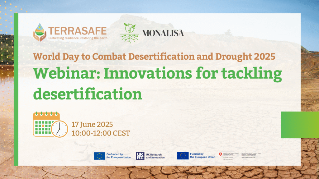 Organizzato dai progetti TERRASAFE e MONALISA, il webinar è in programma il 17 giugno, in occasione della Giornata mondiale per la lotta alla desertificazione. Immagine: TERRASAFE e MONALISA