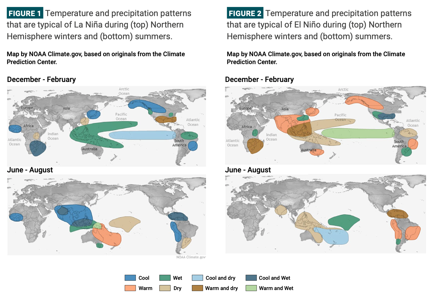 Le immagini mostrano l'effetto combinato del Niño e della Niña durante gli inverni e le estati dell'Emisfero boreale. FOTO: UNCCD, Drought Hotspots Around the World 2023-2025.