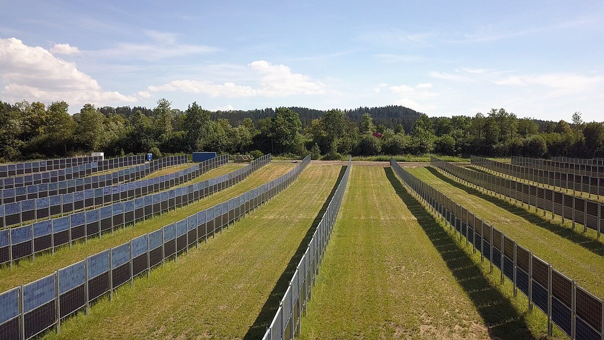 Immagine aerea di un impianto solare agrivoltaico con pareti di moduli bifacciali verticali vicino ad Aasen, Donaueschingen, Germania. Foto: Tobi Kellner Attribution-ShareAlike 4.0 International CC BY-SA 4.0 Deed