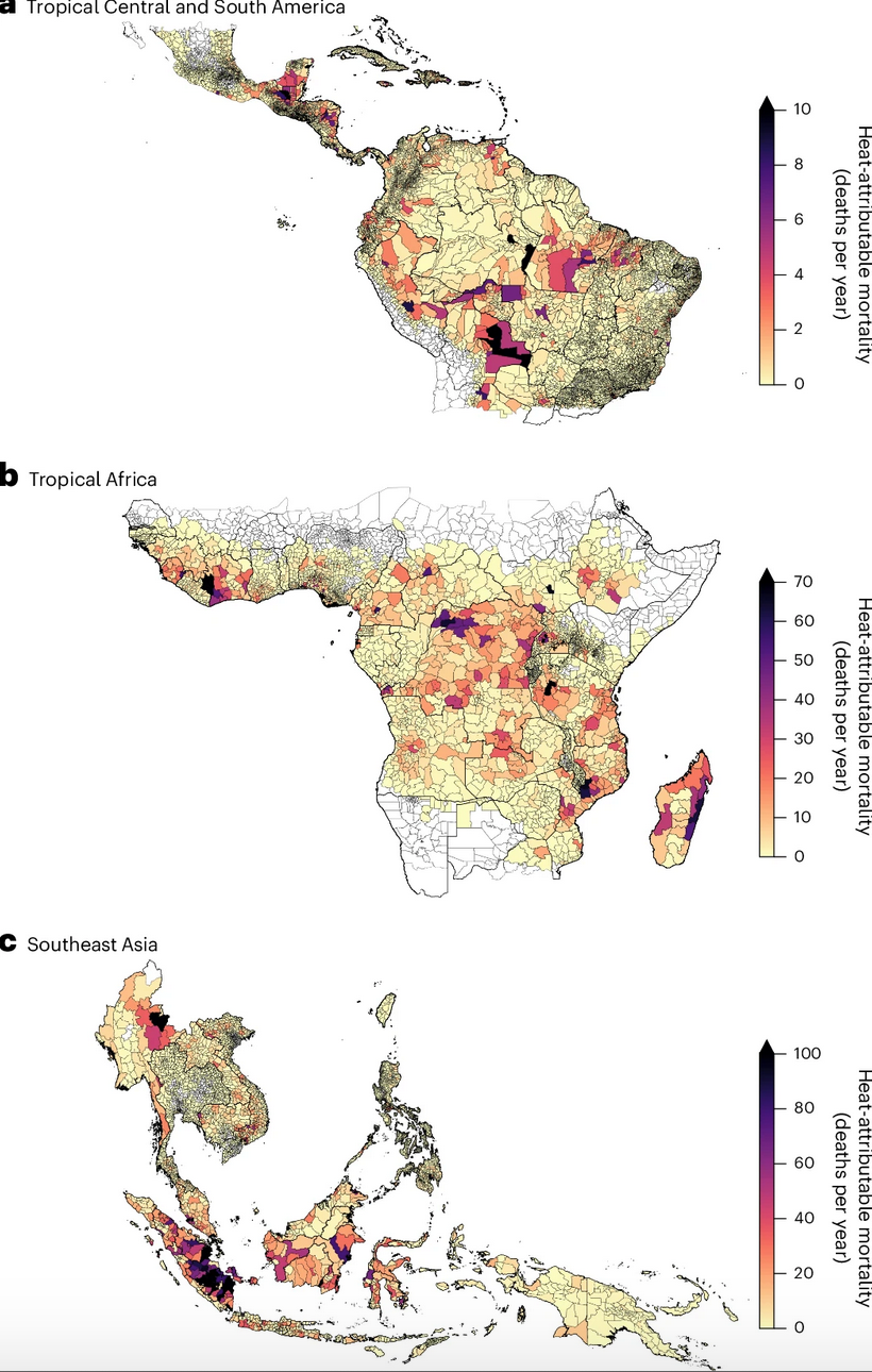 Mortalità non accidentale correlata al calore associato al riscaldamento indotto dalla deforestazione. FONTE: Reddington, C.L., Smith, C., Butt, E.W. et al. Tropical deforestation is associated with considerable heat-related mortality. Nat. Clim. Chang. 15, 992–999 (2025). https://doi.org/10.1038/s41558-025-02411-0