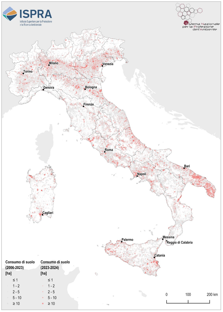 Localizzazione dei principali cambiamenti dovuti al consumo di suolo tra il 2006 e il 2024. FONTE: elaborazioni ISPRA su cartografia SNPA (2025)