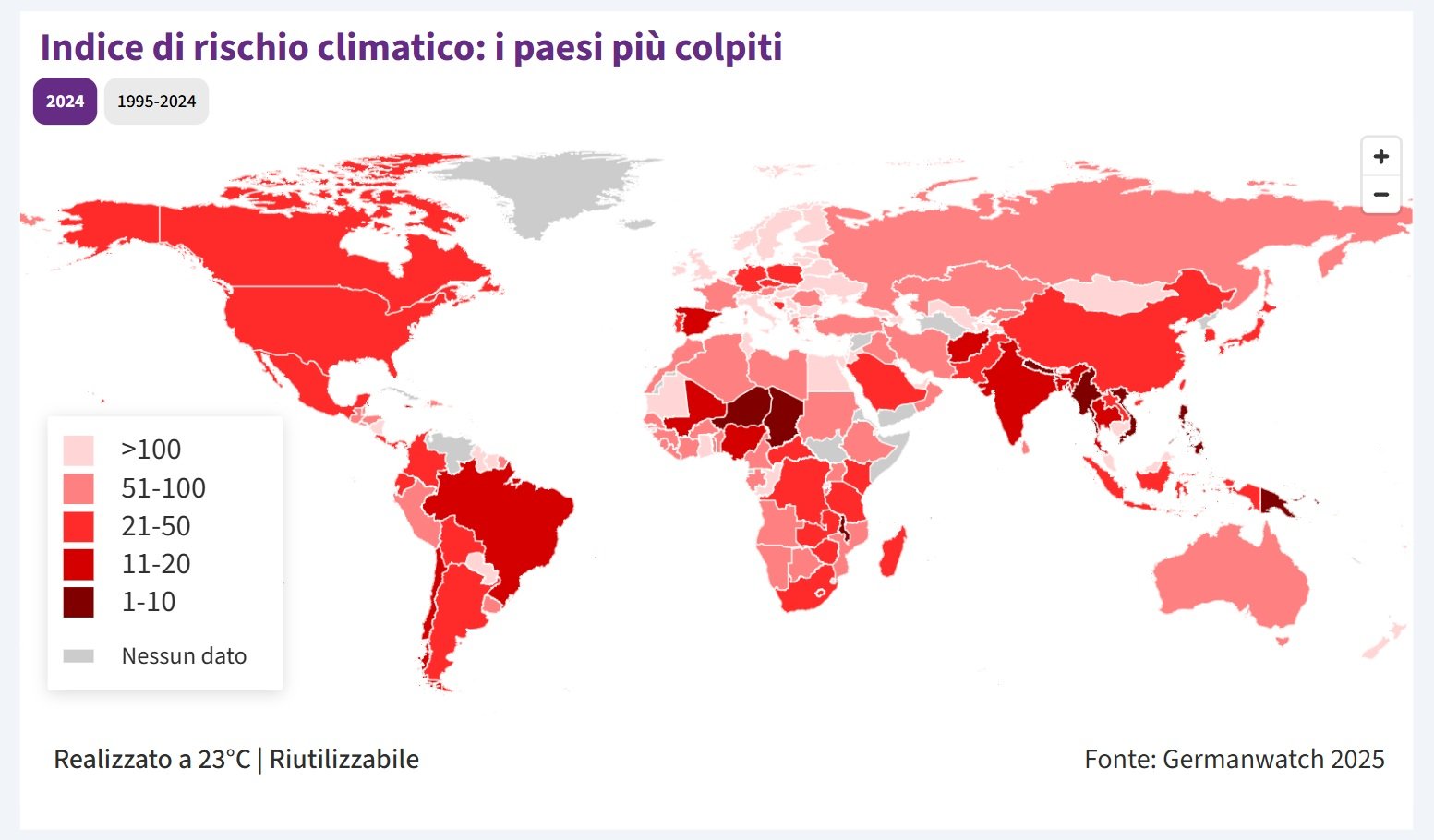 Negli ultimi trent’anni l’Italia è stato uno dei Paesi più colpiti dall’emergenza climatica. Immagine: Germanwatch 2025