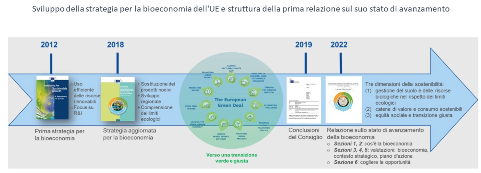 sviluppo della strategia per la bioeconomia Ue e struttura della prima relazione sullo stato di avanzamento. FONTE: Commissione europea