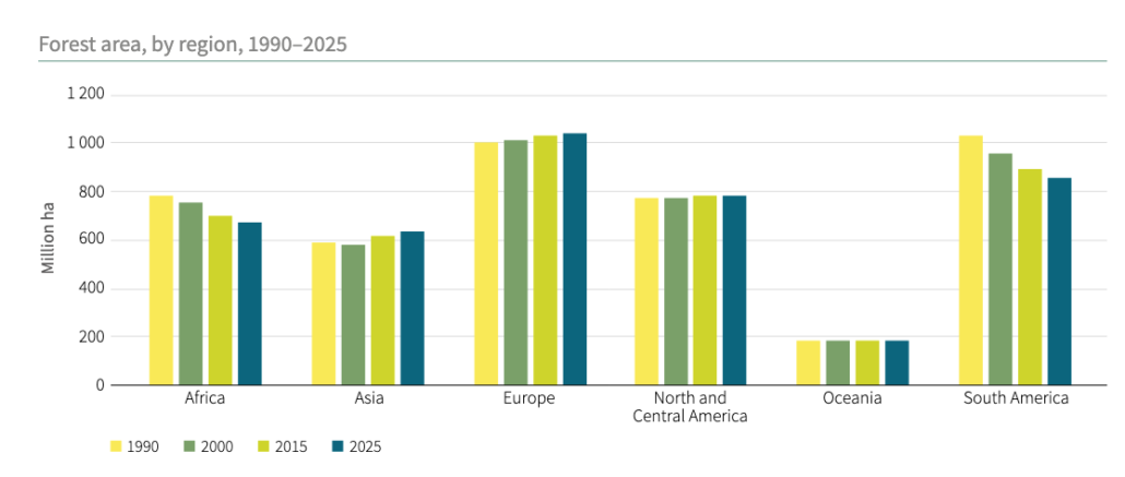 Variazione della superficie forestale nei diversi continenti dal 1990 a oggi. FONTE: Global Forest Resources Assessment 2025.