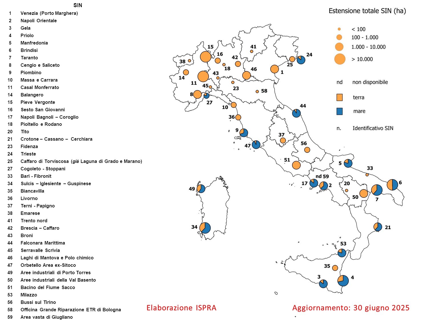 localizzazione e superficie dei Siti di interesse nazionale. Aggiornamento giugno 2025. FONTE: ISPRA