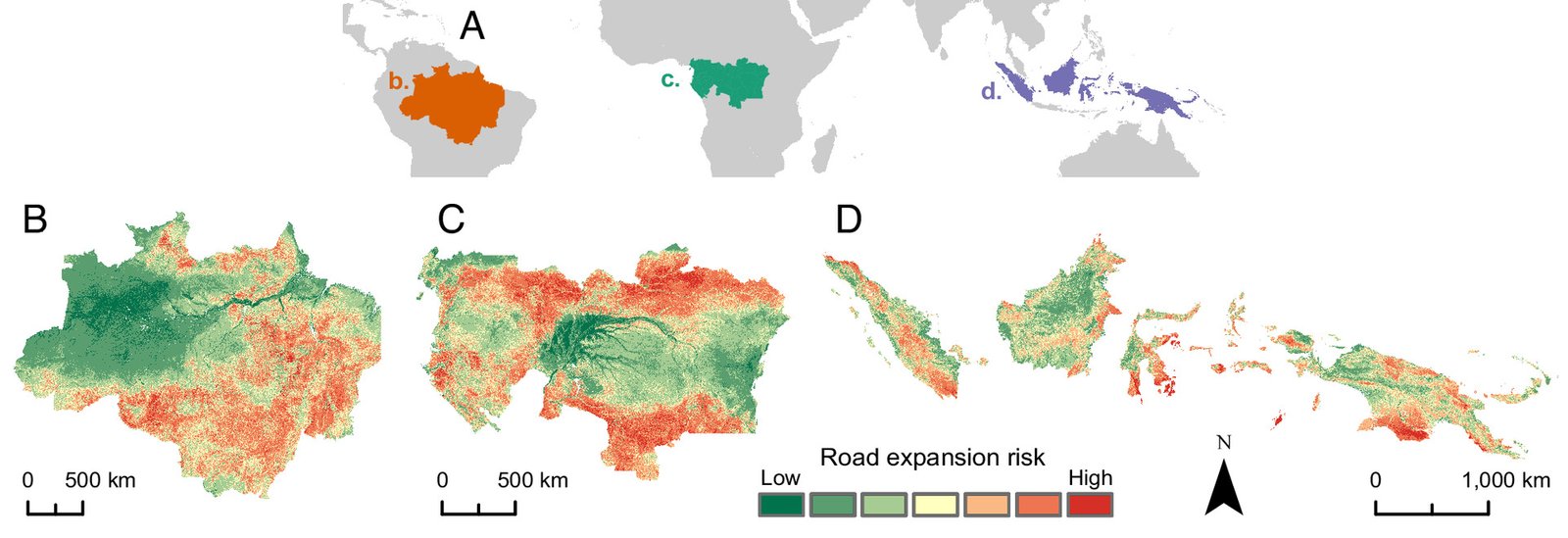 A livello globale il rischio più elevato per il futuro prossimo si registra in Amazzonia e nel Bacino del Congo. Fonte: Jayden E. Engert et al., "Road expansion risk predicts future hotspots of tropical deforestation", December 22, 2025 122 (52) e2502426122 https://doi.org/10.1073/pnas.2502426122 Copyright © 2025 the Author(s). Published by Proceedings of the National Academy of Sciences (PNAS) Attribution 4.0 International CC BY 4.0 Deed