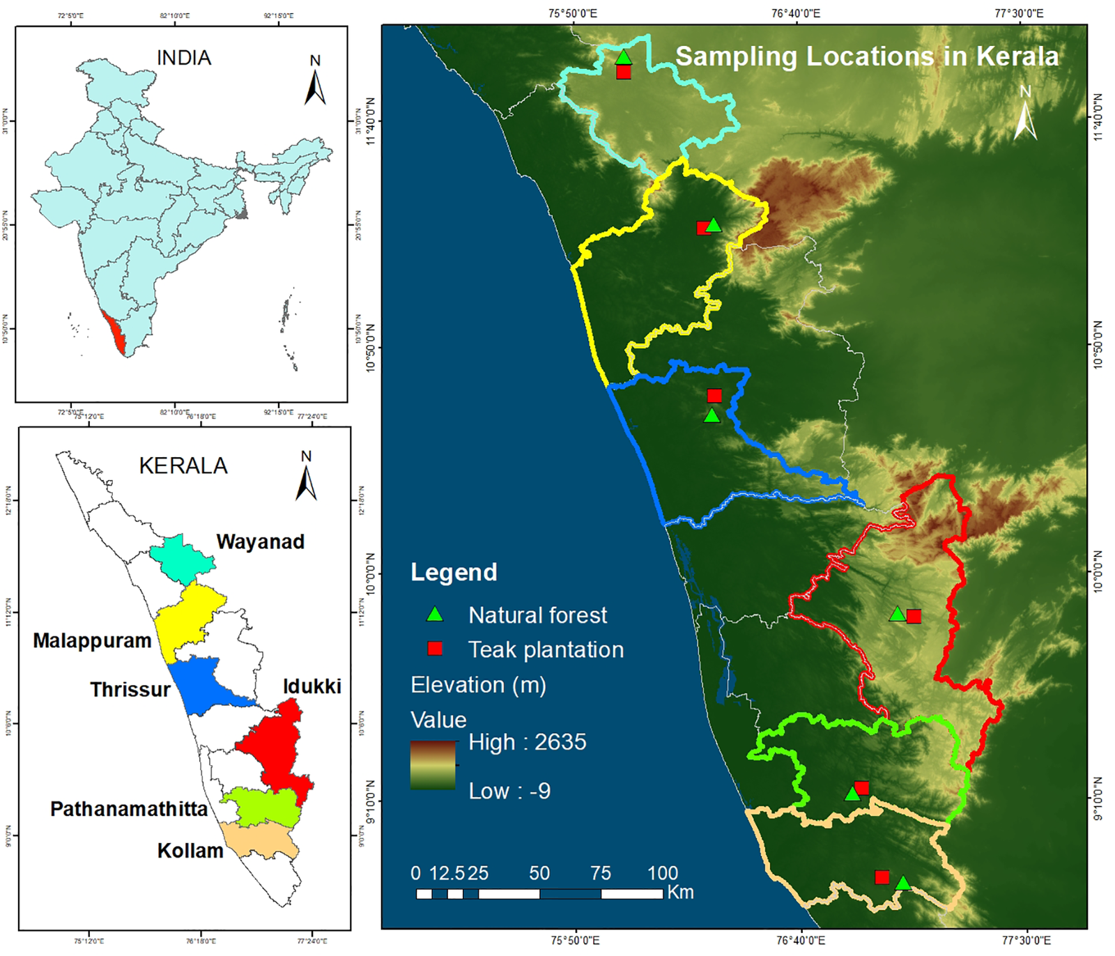 L’indagine si è svolta in cinque zone ecologiche del Kerala, nell’India Meridionale. Fonte: Jaya P, Rui Y, Navya M, Sandeep S (2026) Soil organic carbon dynamics: Influences of land-use change in natural and plantation forests of the Western Ghats, India. PLoS One 21(2): e0342399. https://doi. org/10.1371/journal.pone.0342399. DEM based on Shuttle Radar Topography Mission (SRTM) 1 Arc-Second Global courtesy of the U.S. Geological Survey (https://doi.org/10.5066/F7PR7TFT) (https://earthexplorer.usgs.gov)
