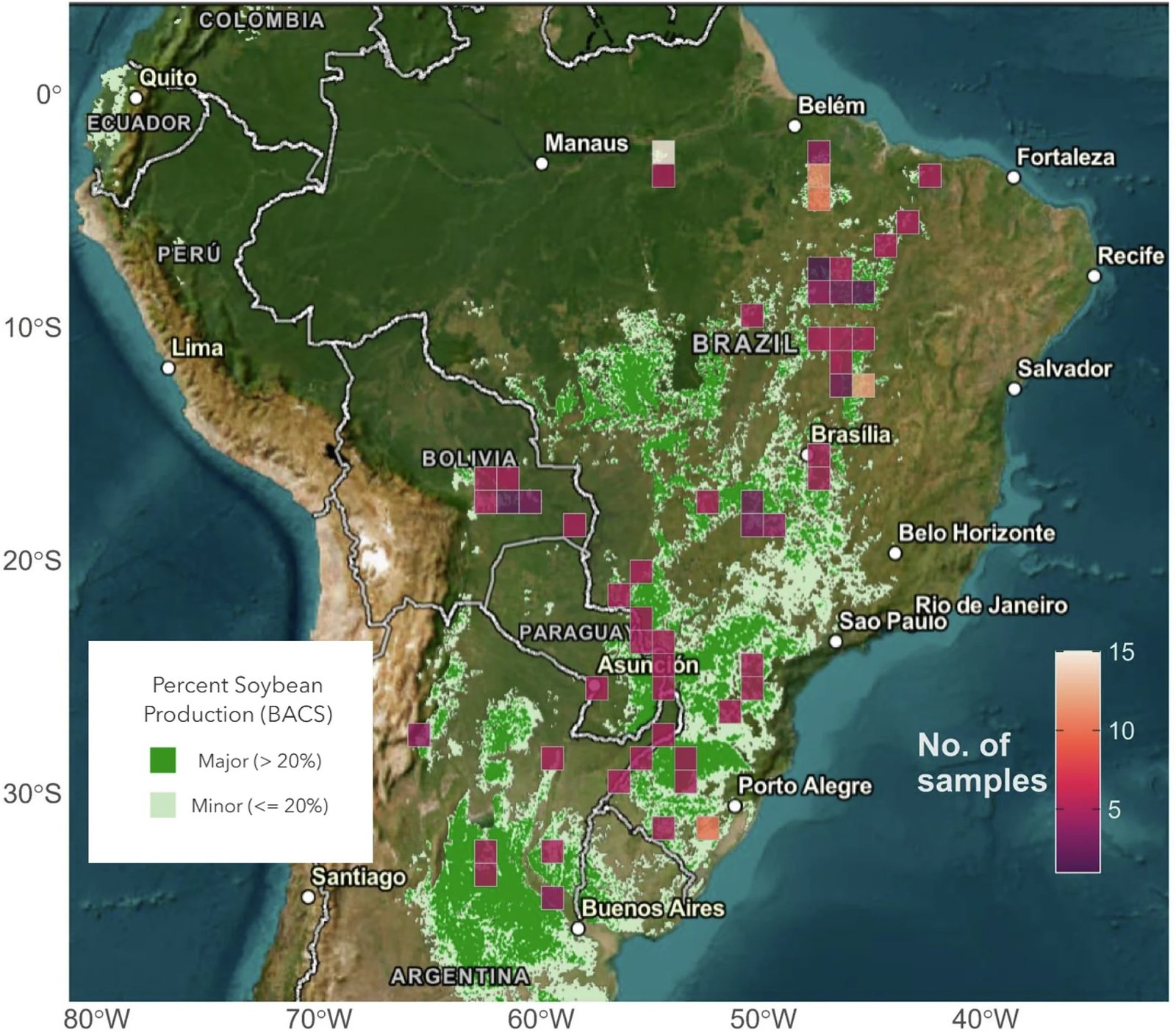 L'area oggetto di studio. La sfumatura verde rappresenta la presenza relativa della coltivazione di soia. Fonte: Maor, R., Truszkowski, J., Ablett, F. et al. High-resolution soybean tracing for deforestation-free supply chains. Commun Earth Environ 7, 310 (2026). https://doi.org/10.1038/s43247-026-03380-8 Attribution 4.0 International CC BY 4.0 Deed