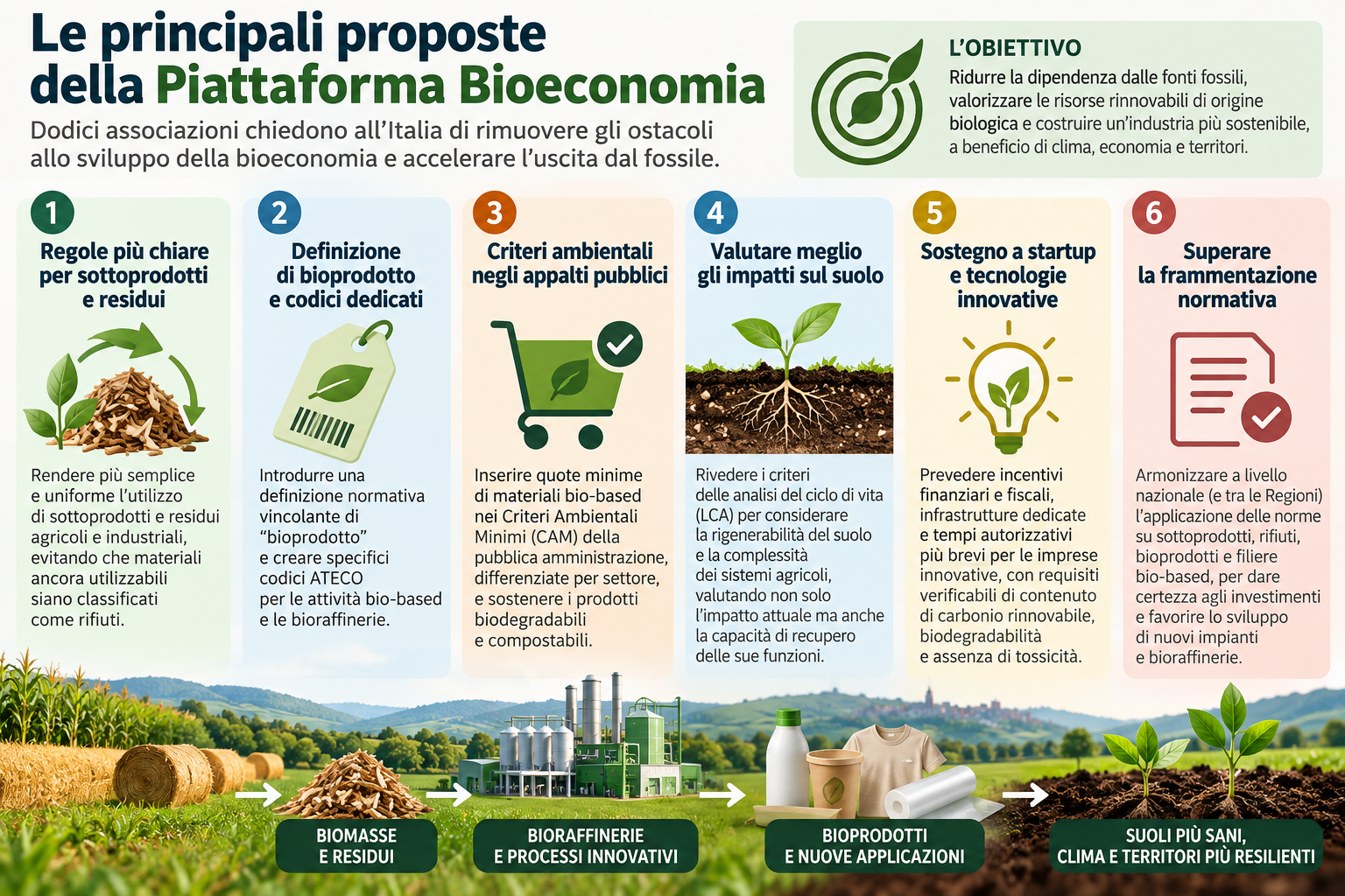 Le principali proposte avanzate dalle 12 associazioni nella Piattaforma per la Bioeconomia. FONTE: elaborazione Re Soil Foundation.