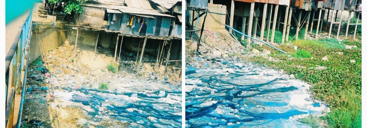 Indigo-colored polluted water in Phnom Penh, Cambodia. Removing synthetic dyes from industrial wastewater is complicated by the chemical stability of many of these substances. Photo: Oded Gilad, CC BY-SA 4.0