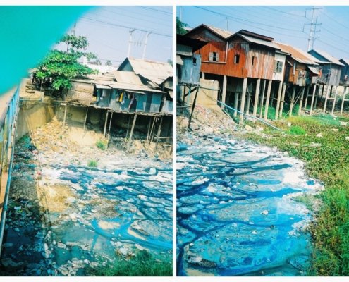 Indigo-colored polluted water in Phnom Penh, Cambodia. Removing synthetic dyes from industrial wastewater is complicated by the chemical stability of many of these substances. Photo: Oded Gilad, CC BY-SA 4.0