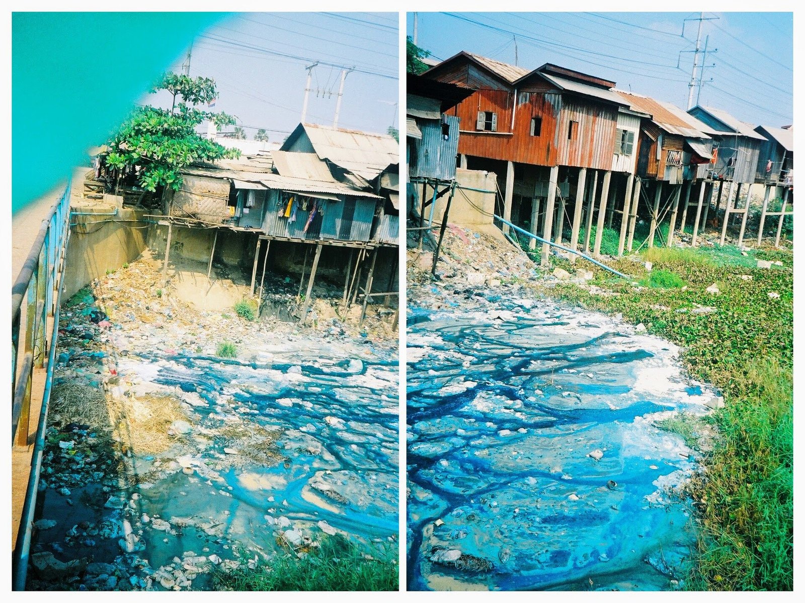 Indigo-colored polluted water in Phnom Penh, Cambodia. Removing synthetic dyes from industrial wastewater is complicated by the chemical stability of many of these substances. Photo: Oded Gilad, CC BY-SA 4.0