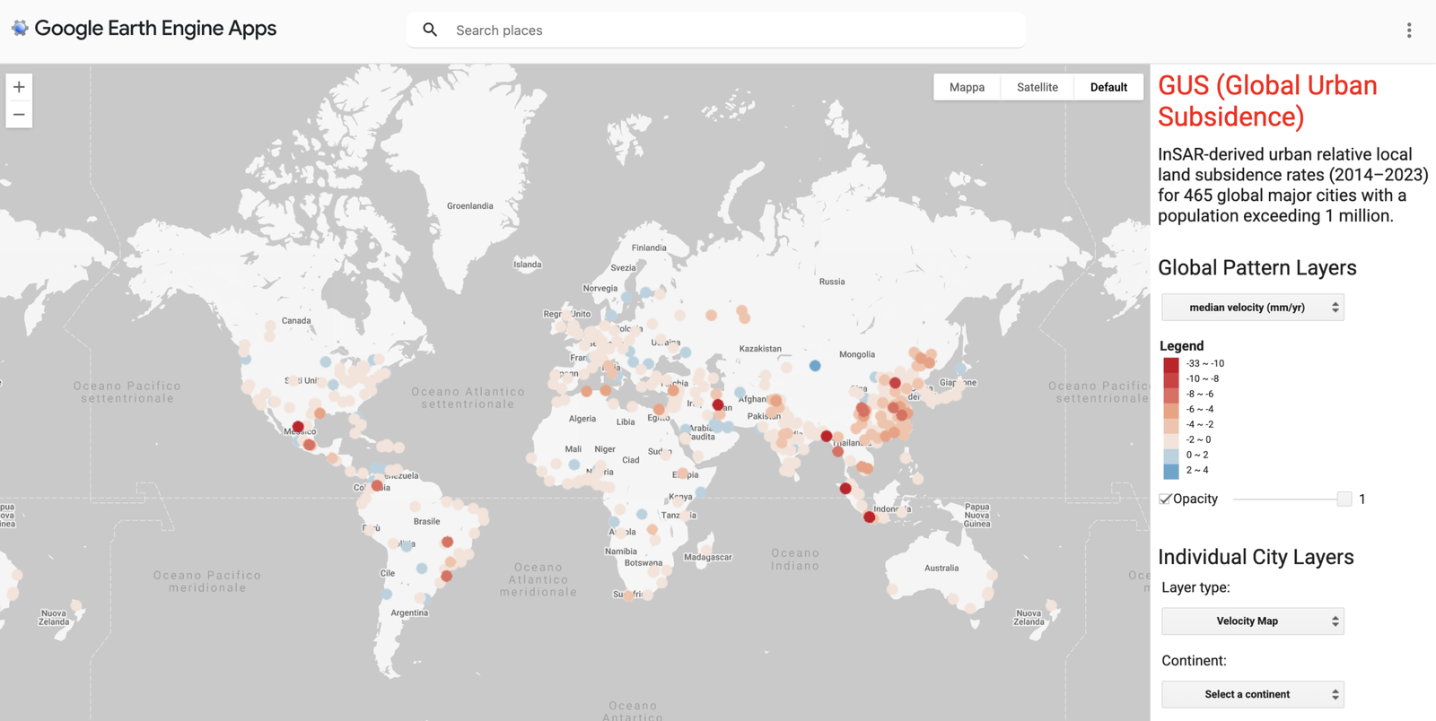 La mappa interattiva permette di conoscere il livello e la velocità della subsidenza di tutte le città analizzate nello studio. FONTE: Lijun Wang, Zurui Ao, Shengli Tao, Xie Hu e altri - A global view of urban land subsidence and its changing trajectories, Nature cities, 2026. 
