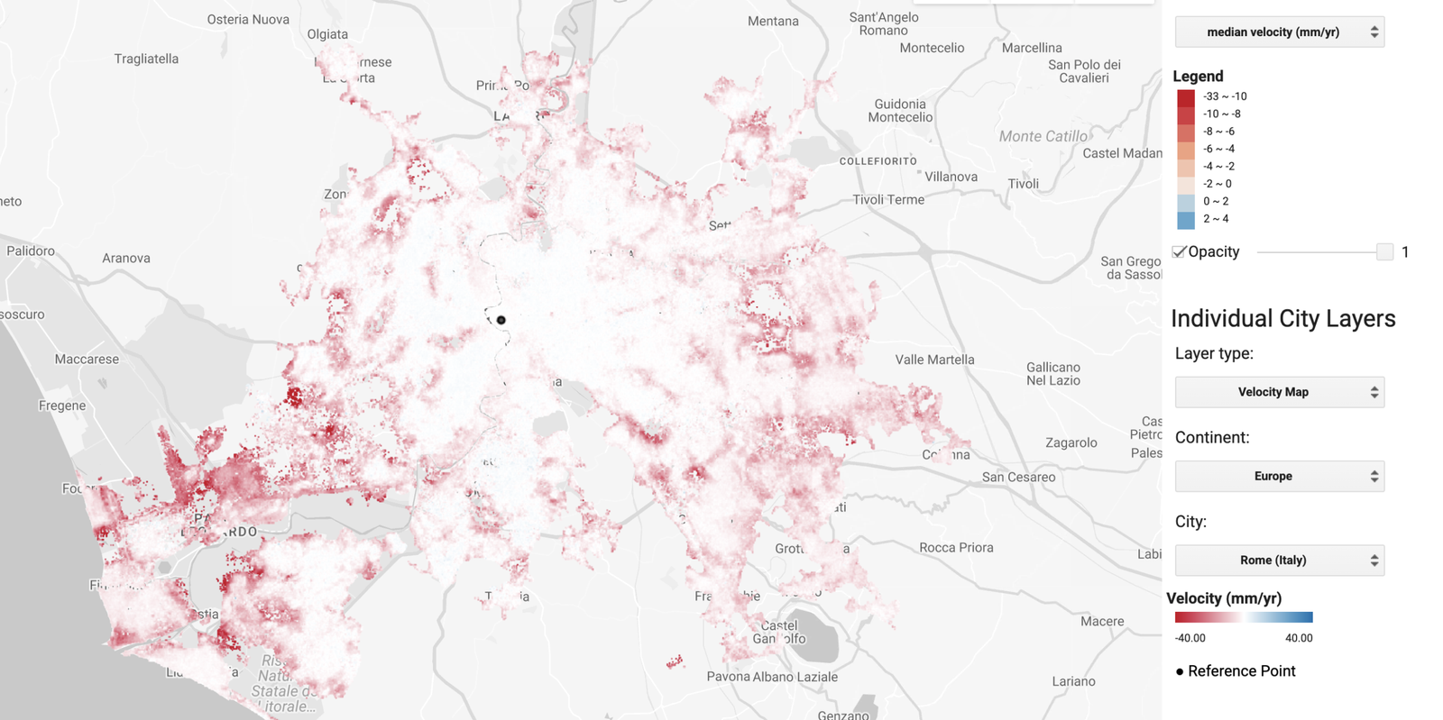 La mappa dettagliata della velocità di subsidenza della città di Roma permette di notare dove il fenomeno è più grave. FONTE: Lijun Wang, Zurui Ao, Shengli Tao, Xie Hu e altri - A global view of urban land subsidence and its changing trajectories, Nature cities, 2026. 